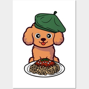 Cute Brown Dog is eating spaghetti Posters and Art